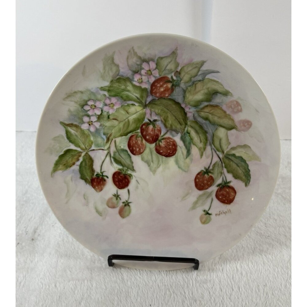 Vintage Hand Painted plate Round Fruit Strawberry Large‎ 9” Porcelain Signed